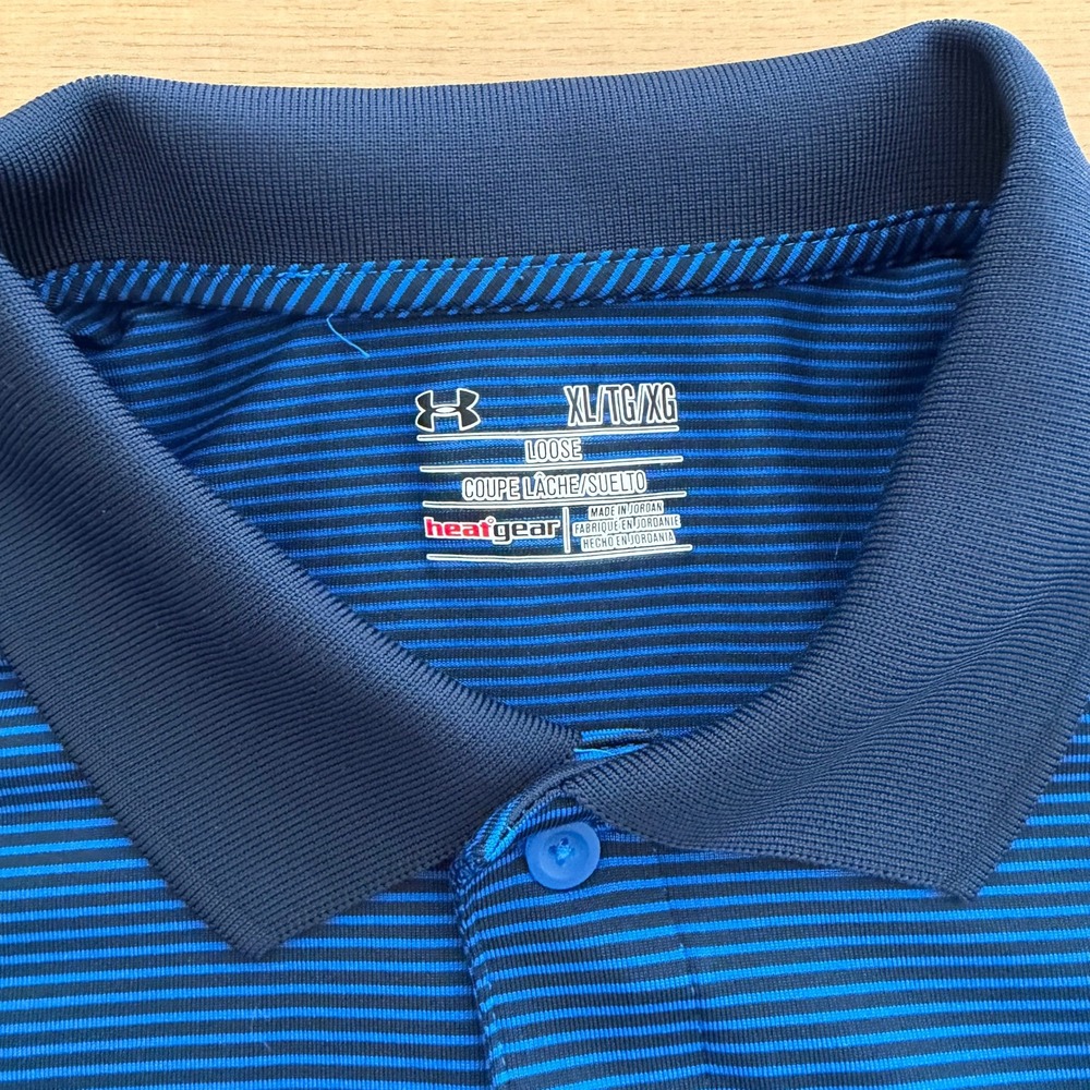 Under Armour Mens XL HeatGear Loose‎ Fit Polo Shirt Blue Navy Micro Stripe Logo - Picture 3 of 8
